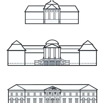 Tri podoby kaštieľa. Stavebné etapy podľa kresby Jany Šulcovej , ktoré uverejnila v štúdii Tri kapitoly zo stavebných dejín kaštieľa v Dolnej Krupej.